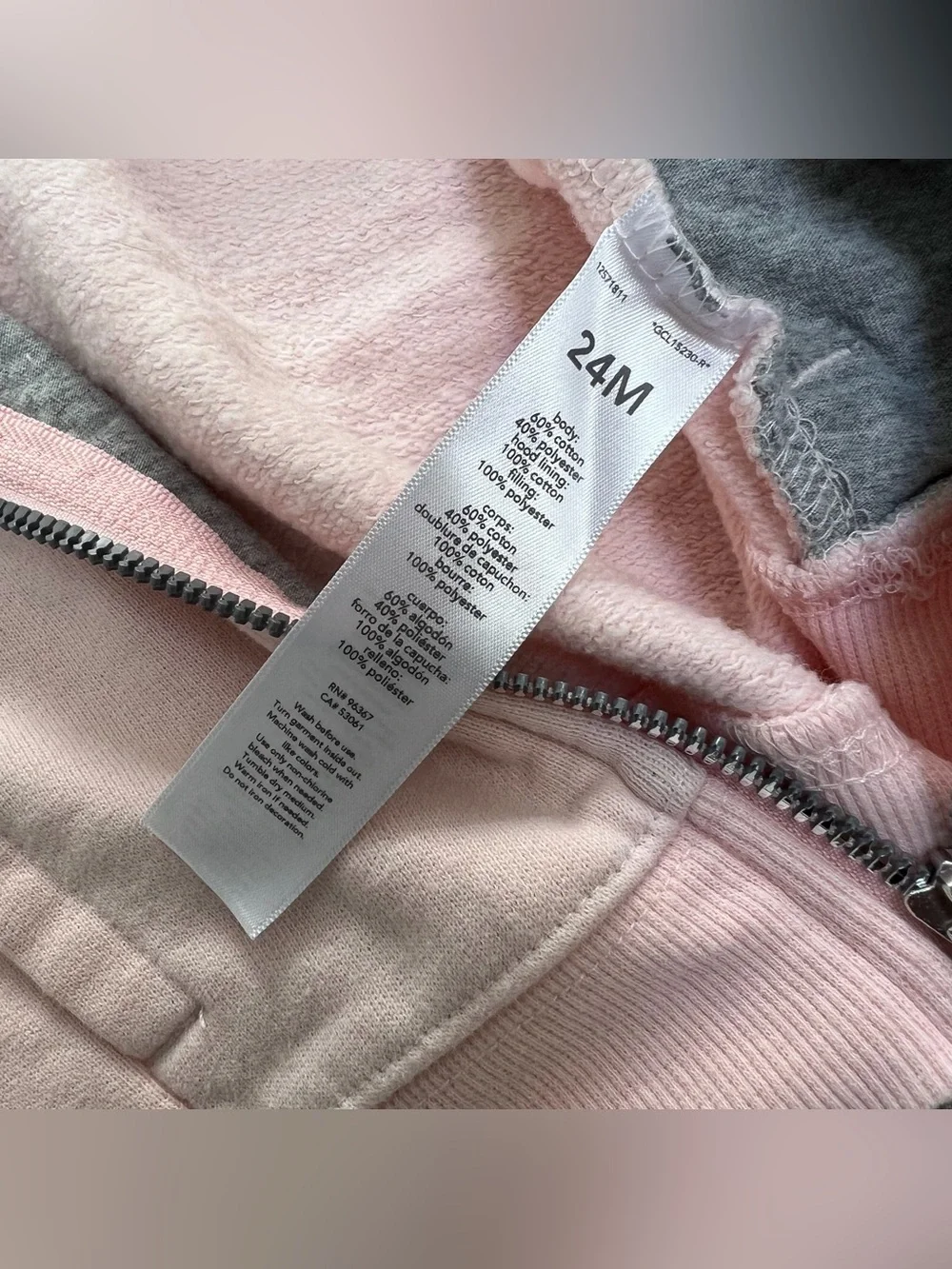 OSHKOSH LONG SLEEVE ZIP UP HOODED SWEATSHIRT LIGHT PINK SILVER CAT 24MO